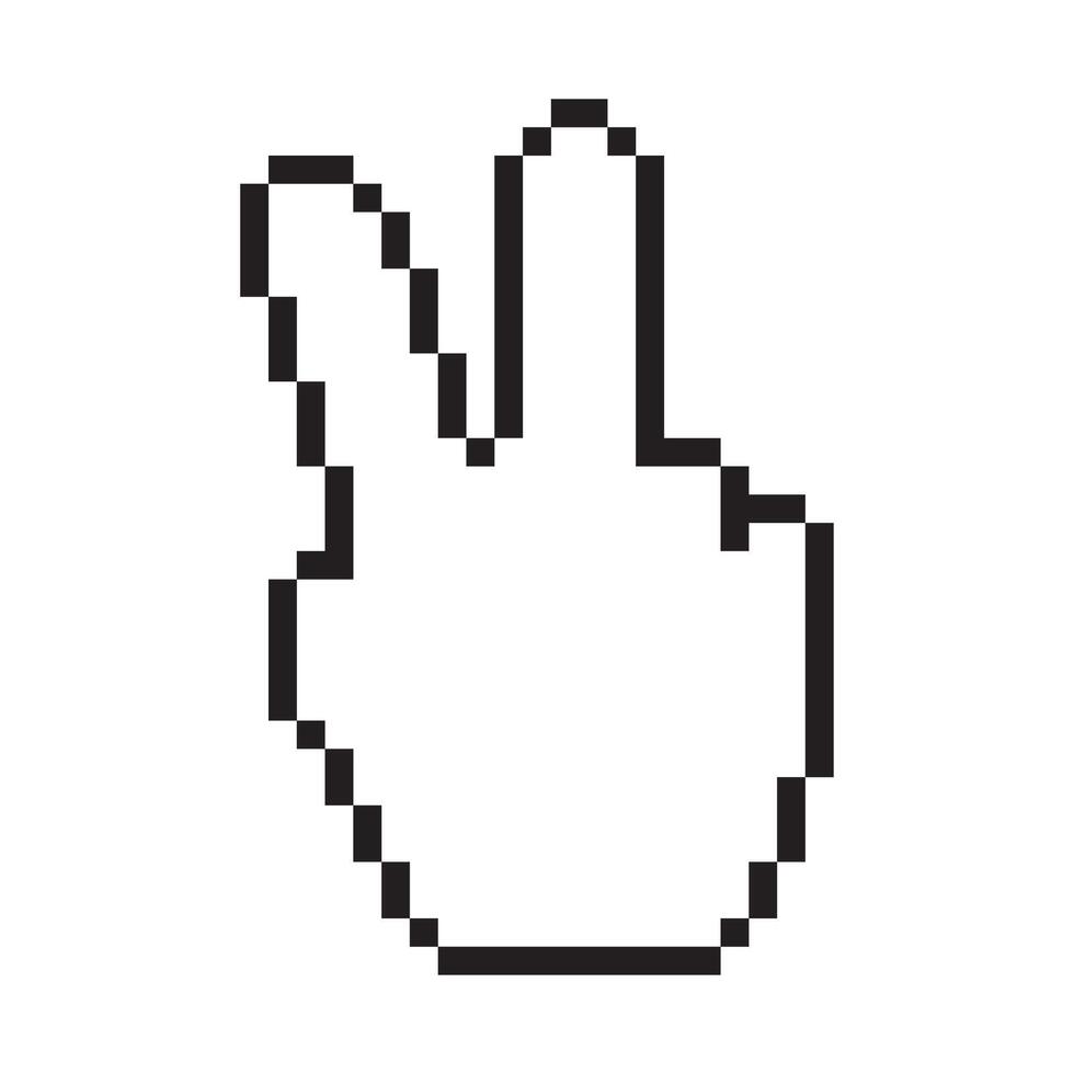 Pixelated hand cursor making a V sign, digital illustration on a white background vector