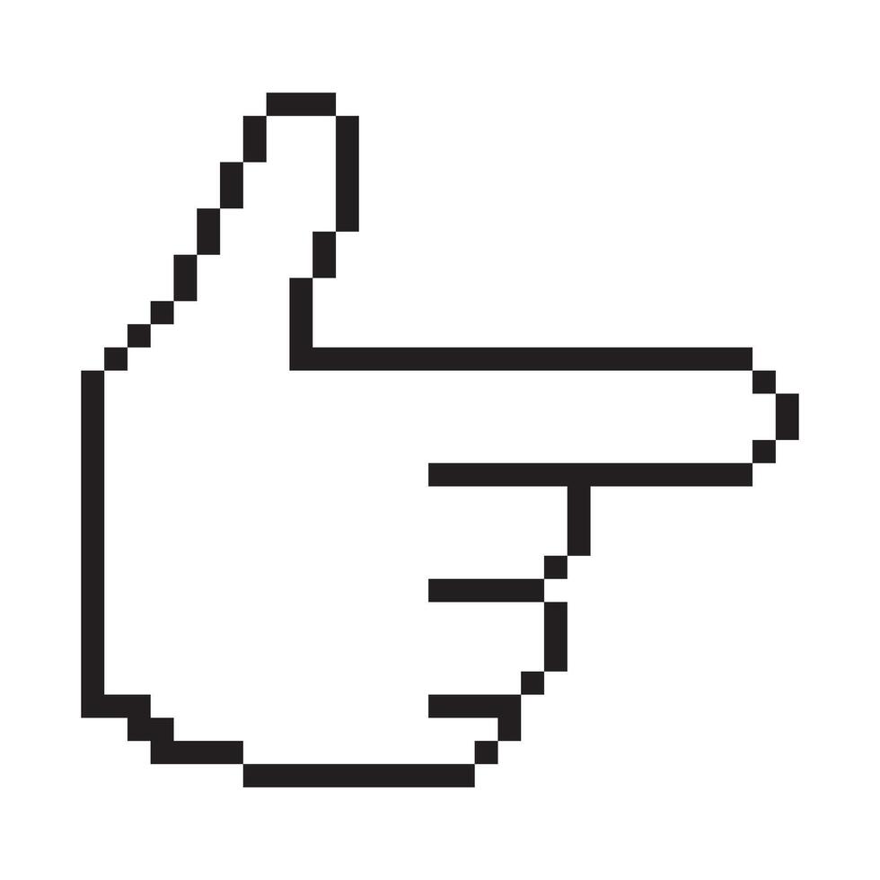 un pixelado mano cursor señalando a el bien, prestados en negro líneas en contra un blanco fondo, recordativo de temprano computadora gráficos vector