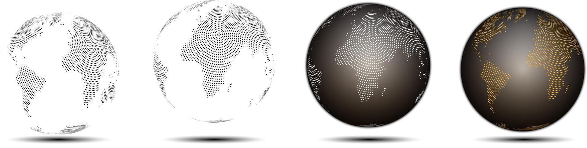 Set of globes of earth in round line art shape. Globes of world map representing on a transparent background. Realistic 3d abstract globe shape with continents vector