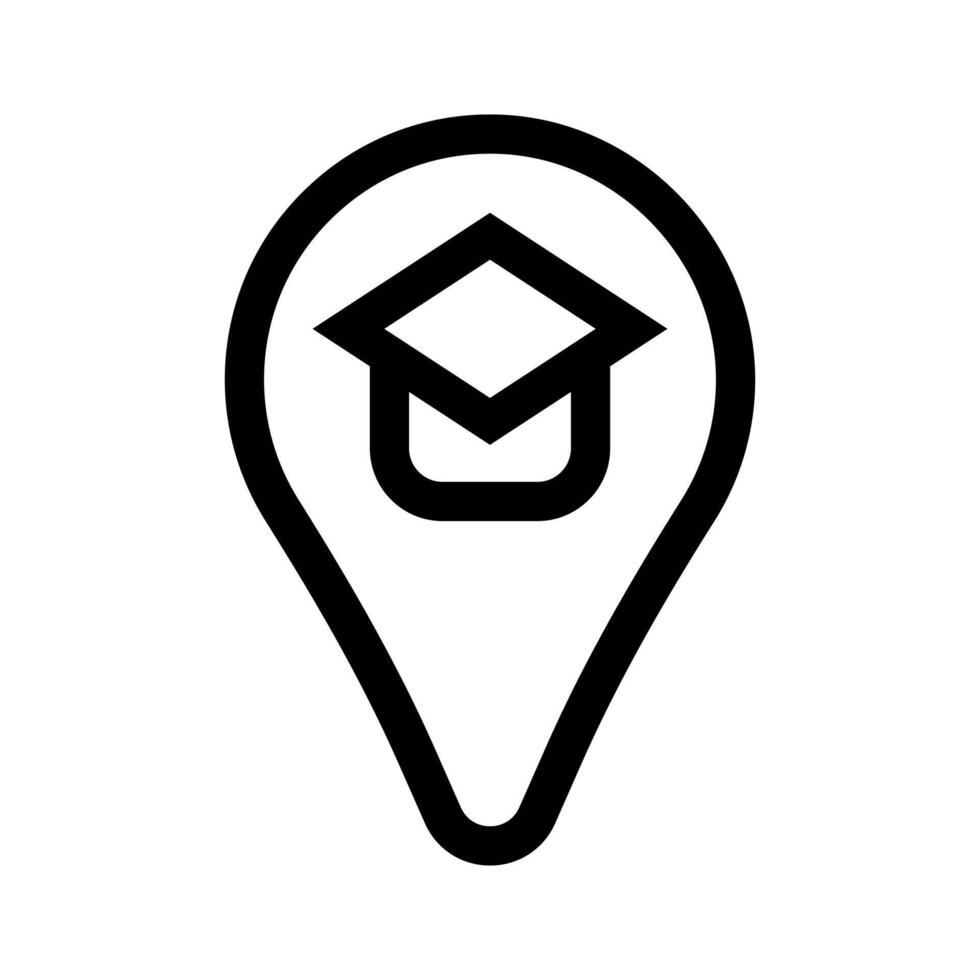 A simple line icon of a pin with a mortarboard, marking a school location. vector