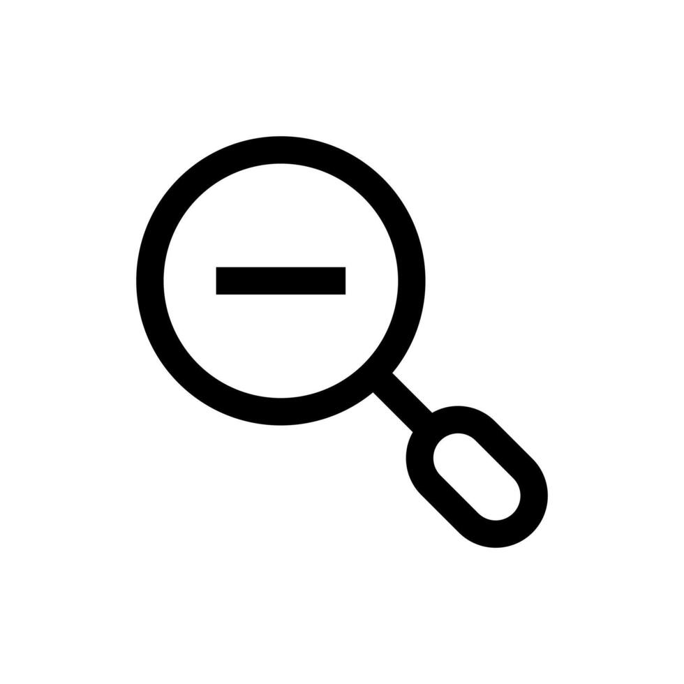 A simple line icon of a magnifying glass with a minus sign, representing zoom out. vector