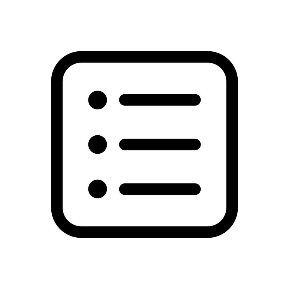 An outline symbol of lines with bullets, representing a list menu or organized data. vector