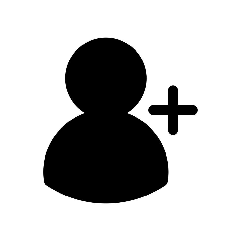 A simple filled icon of a person with a plus sign, indicating to add user or contact. vector