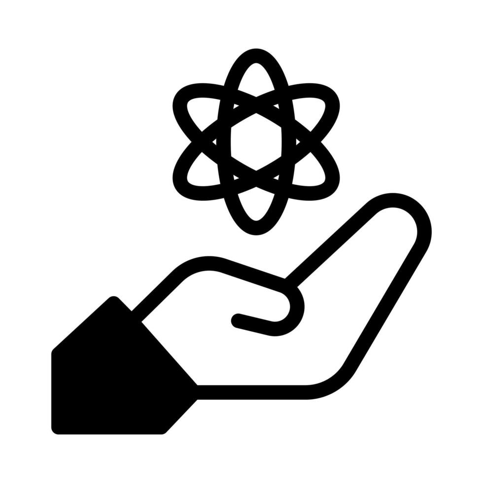 A simple filled icon of a hand holding an experiment, symbolizing science research. vector
