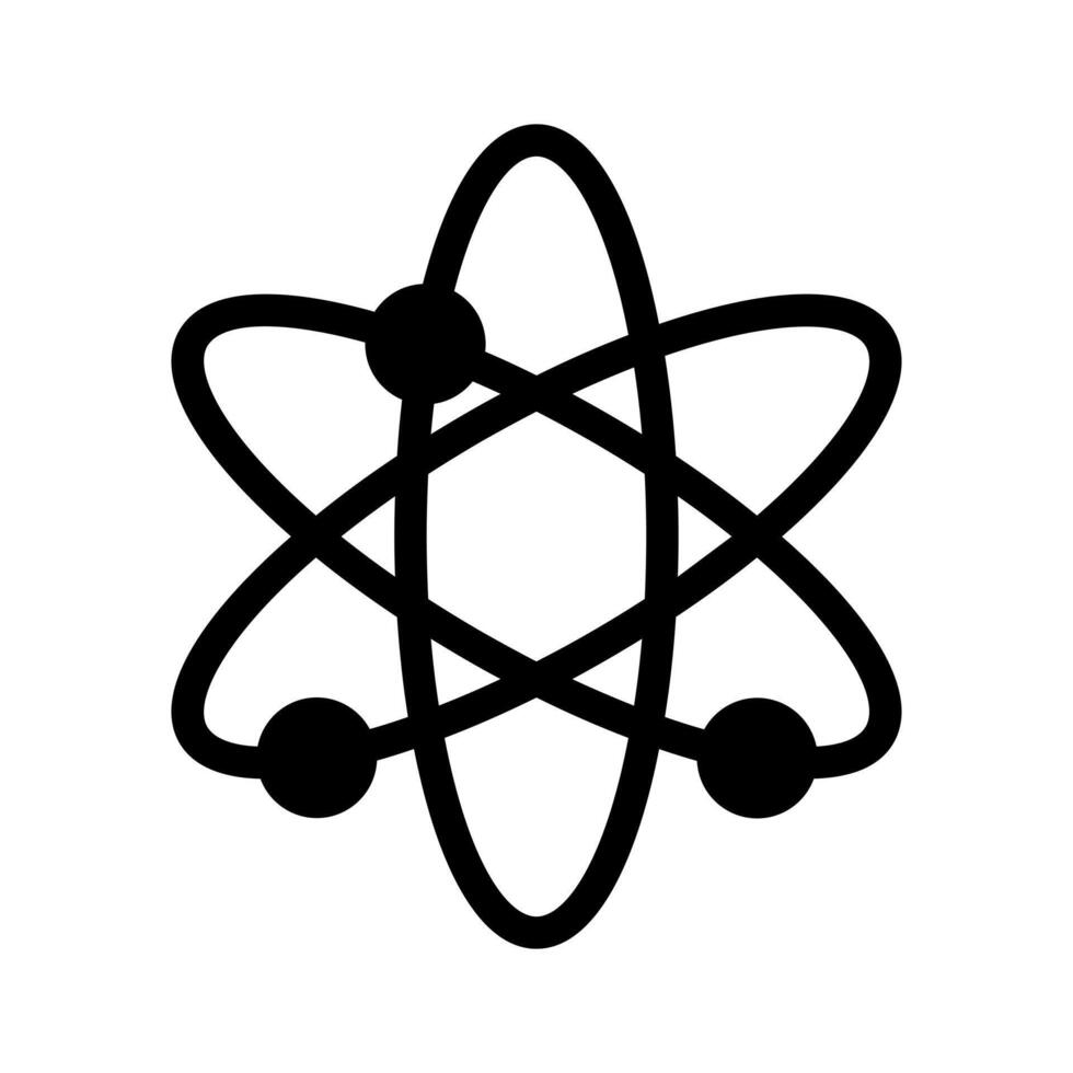 A filled graphic of a simplified atom showing orbiting electrons. vector