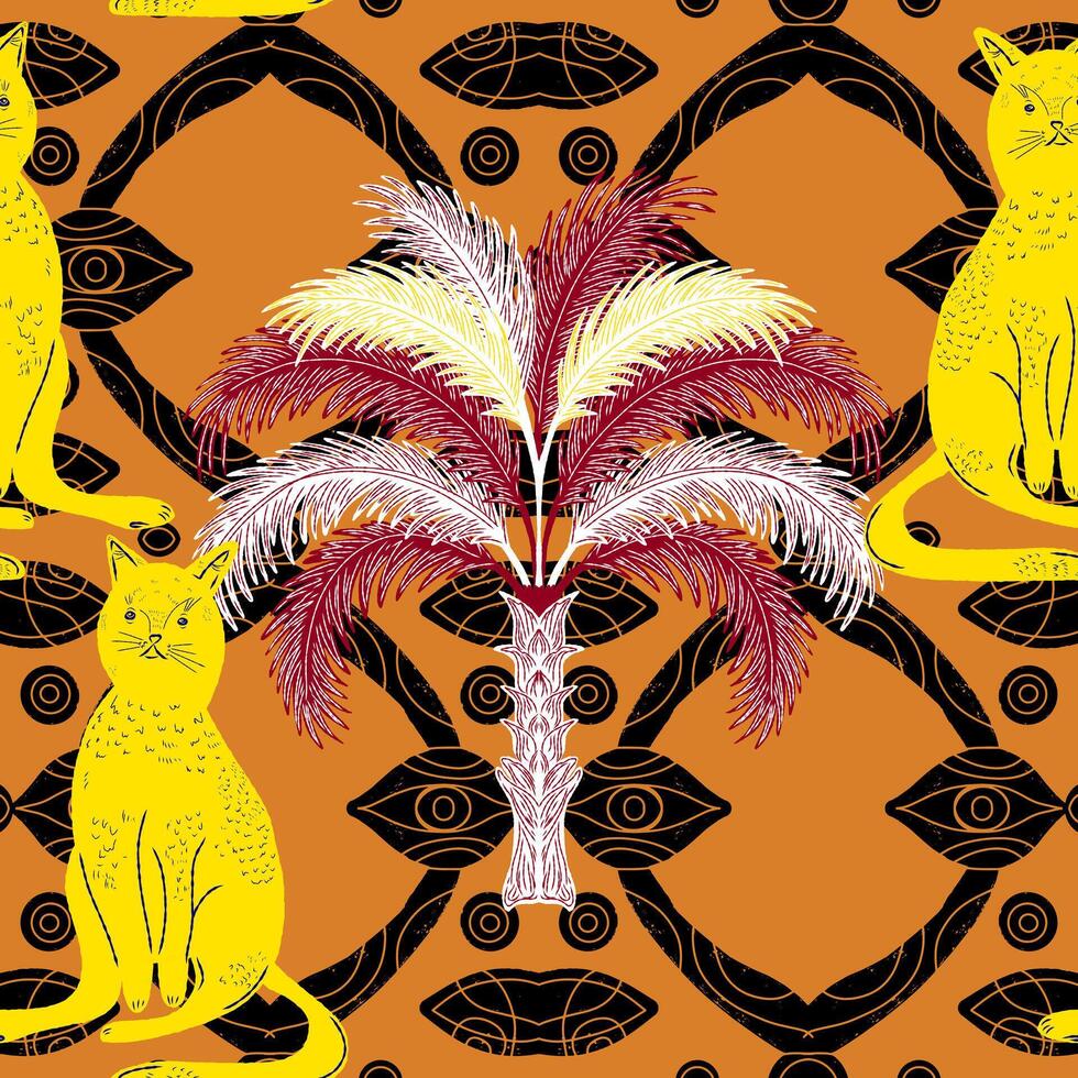 a pattern with cats and palm trees vector
