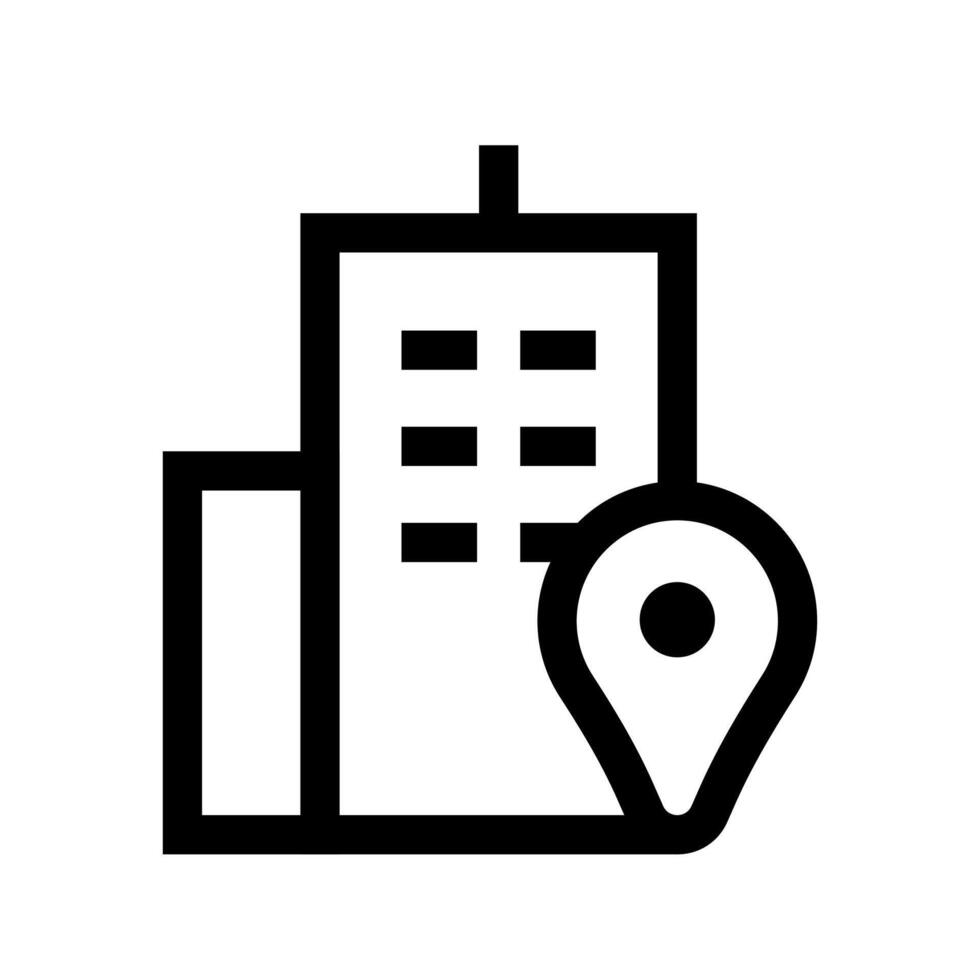 An outline icon of a map pin with a building, marking an office location. vector