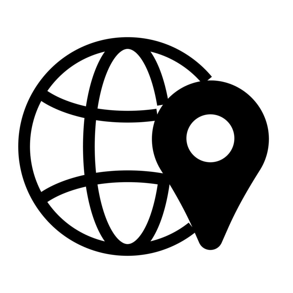 A simple filled icon of the earth globe with a location pin. vector