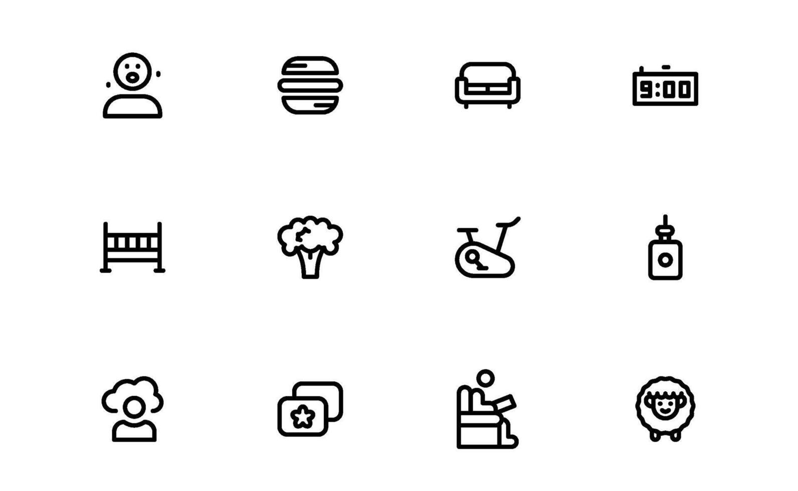 Sleep and Relaxation Icons with smooth line style for bedtime routines, meditation, and tranquil environments in digital dashboards and mobile apps. vector