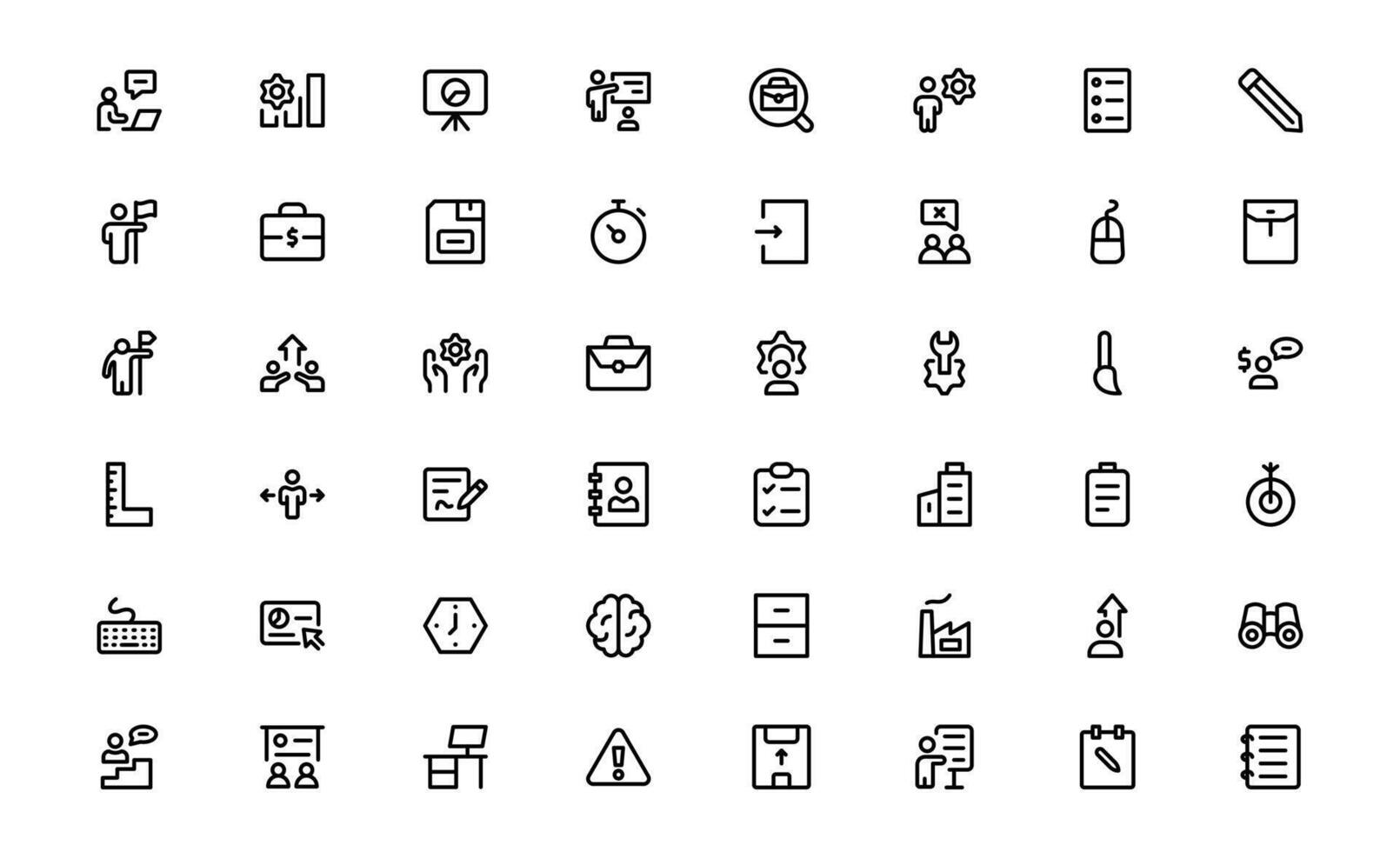 Office and Workshop Icons with stylish minimal outline for desks, tools, and workspace scenes used in modern corporate and industrial designs. vector
