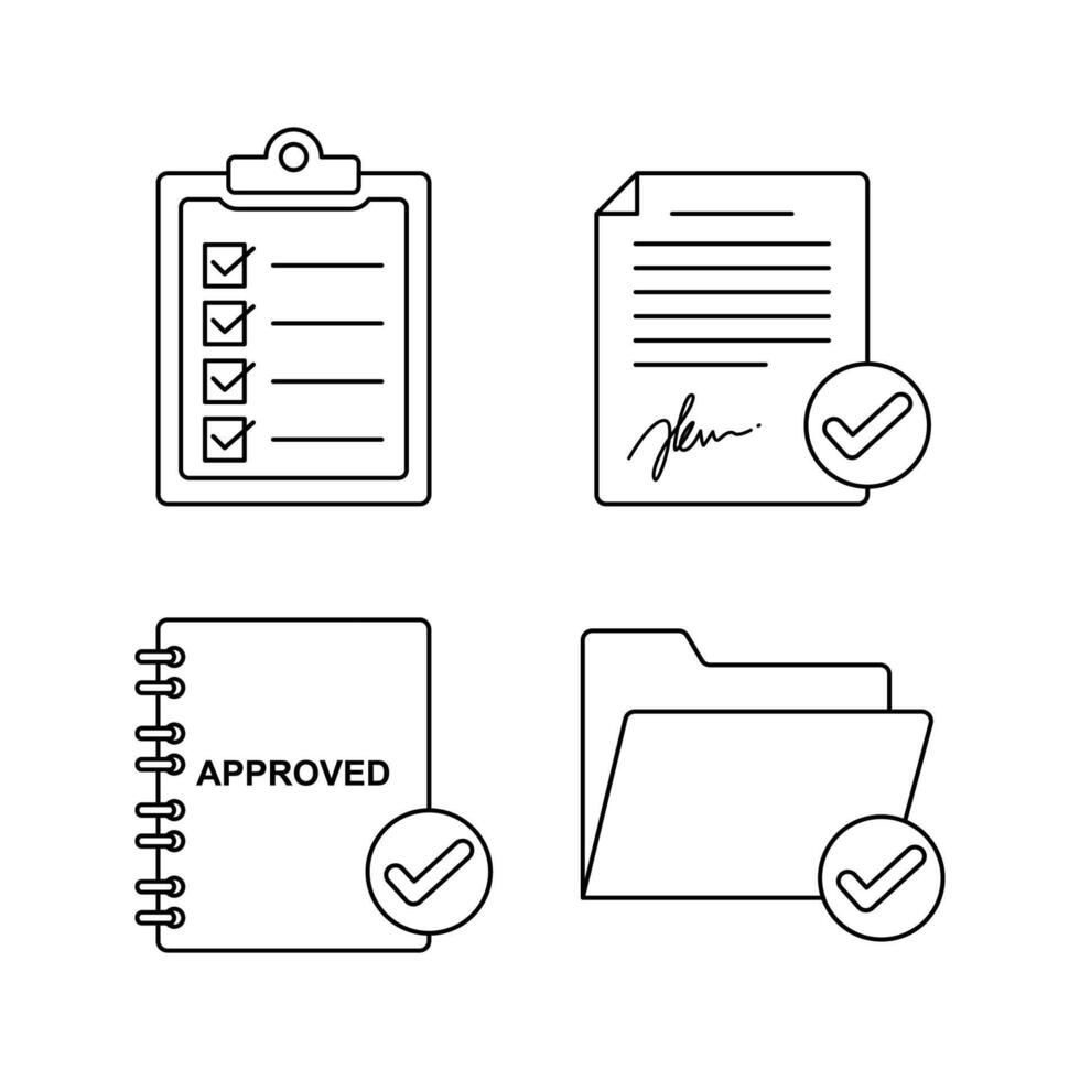 Approved document and checklist line icon collection. symbols for signed contract, validated agreement, and completed task. Thin line business pictograms vector