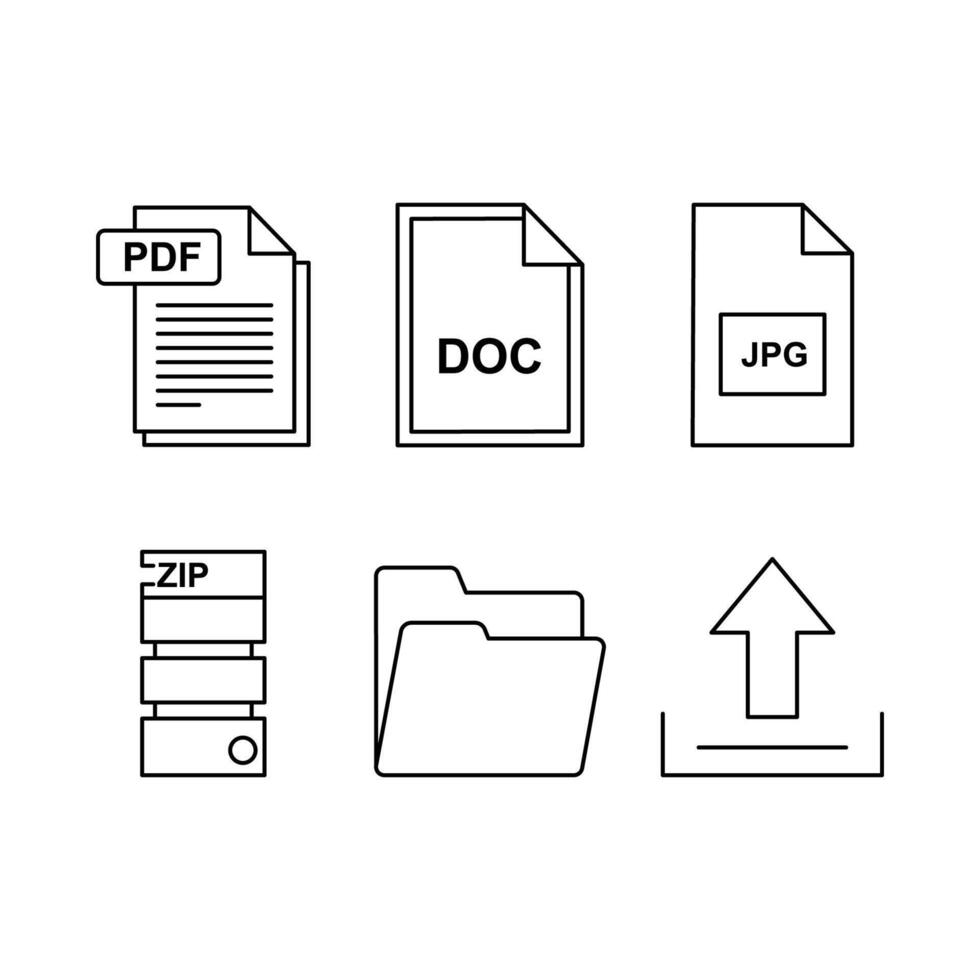 File Format Icons PDF, DOC, JPG, ZIP, Folder, and Upload for Streamlined Document Management and Data Handling in EPS vector