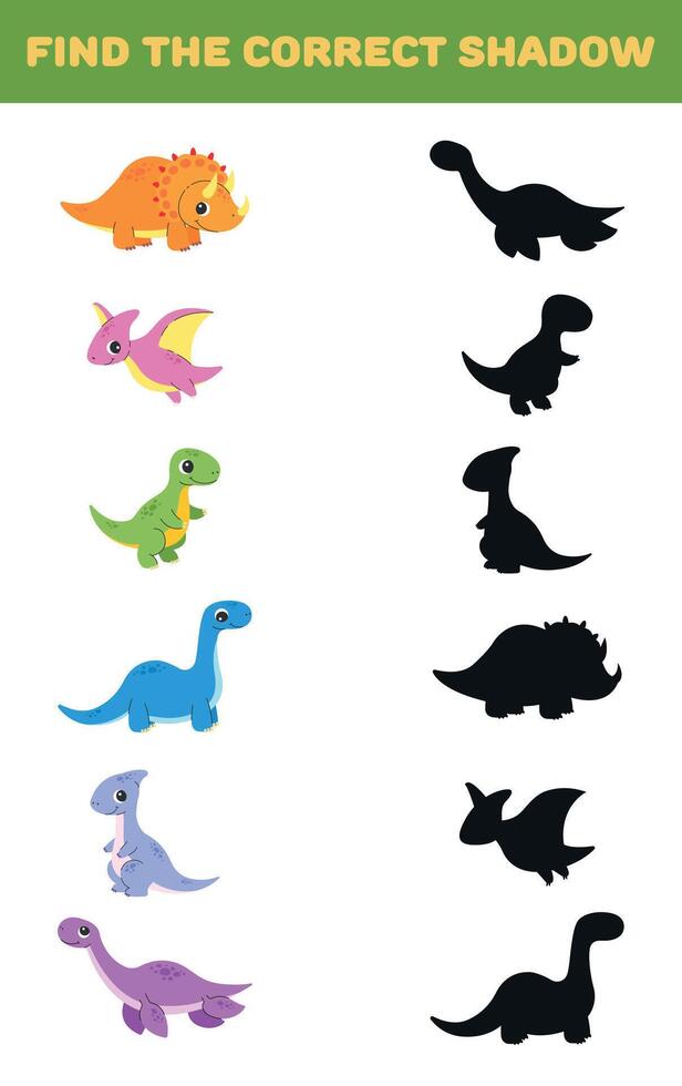Dinosaur shadow matching activity for kids vector
