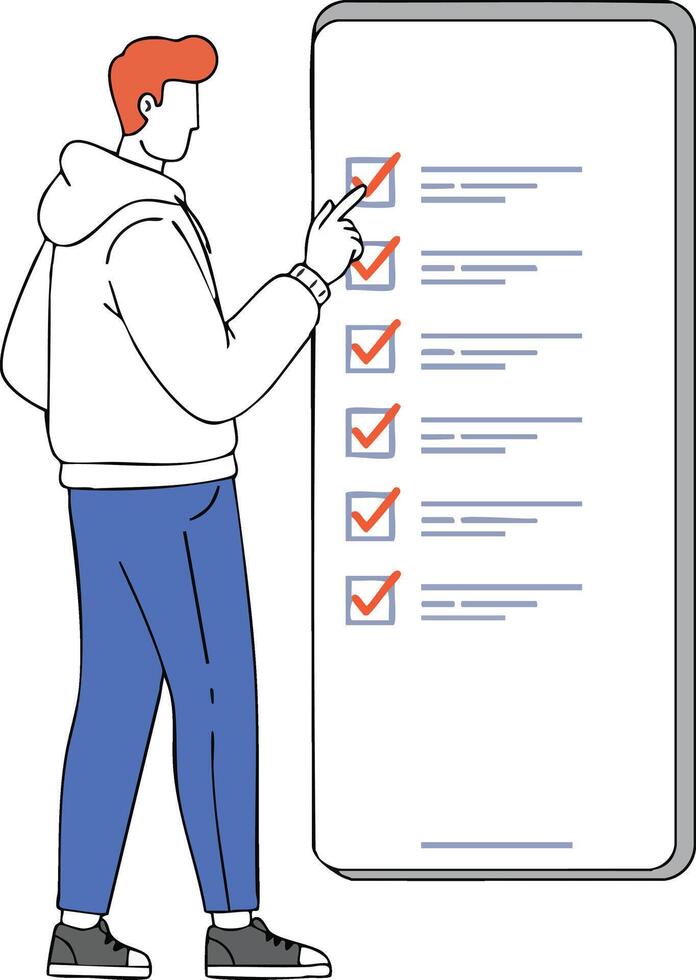 Man completing checklist on large touchscreen device with red hair and blue pants illustration vector