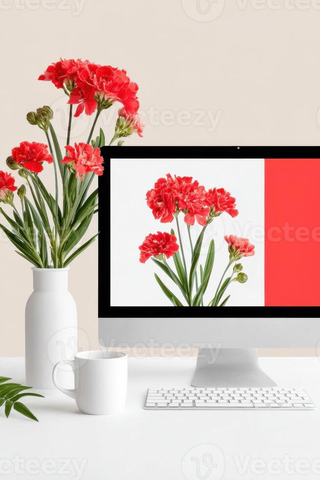 Minimal floral themed web interface mock up featuring vibrant red flowers in a vase alongside a computer setup with copy space for design elements photo
