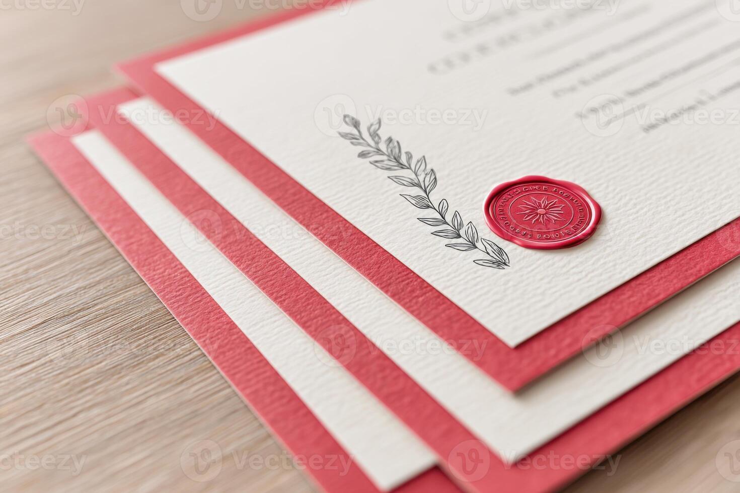 Printed course certificates with elegant red border and embossed seal, showcasing achievement and accomplishment in a professional setting, ideal for educational purposes photo