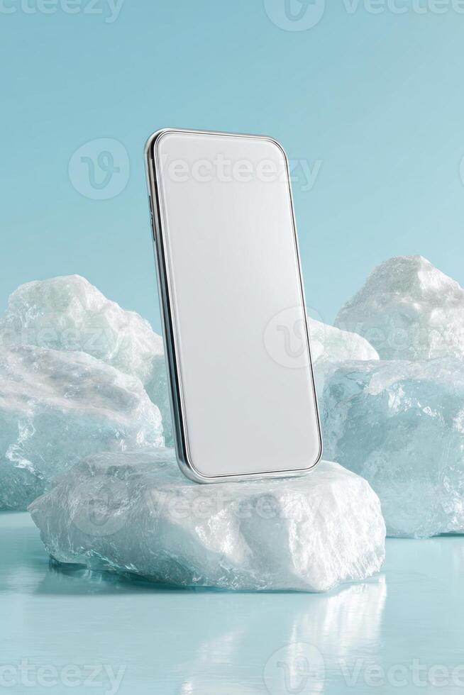 Minimal tech device presentation on icy surface, showcasing sleek smartphone design with reflective screen and cool tones, ideal for modern digital mock up and advertising purposes photo