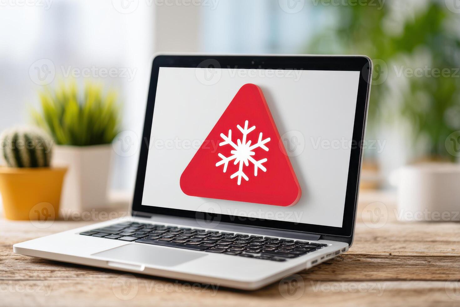 Laptop displaying email freeze warning alert with red snowflake icon on screen, surrounded by indoor plants and wooden table, conveying urgency and caution in digital communication photo