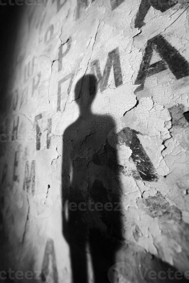 Shadow of a person cast on a peeling wall with visible textures and letters, creating a dramatic contrast and evoking a sense of mystery and depth in the scene photo