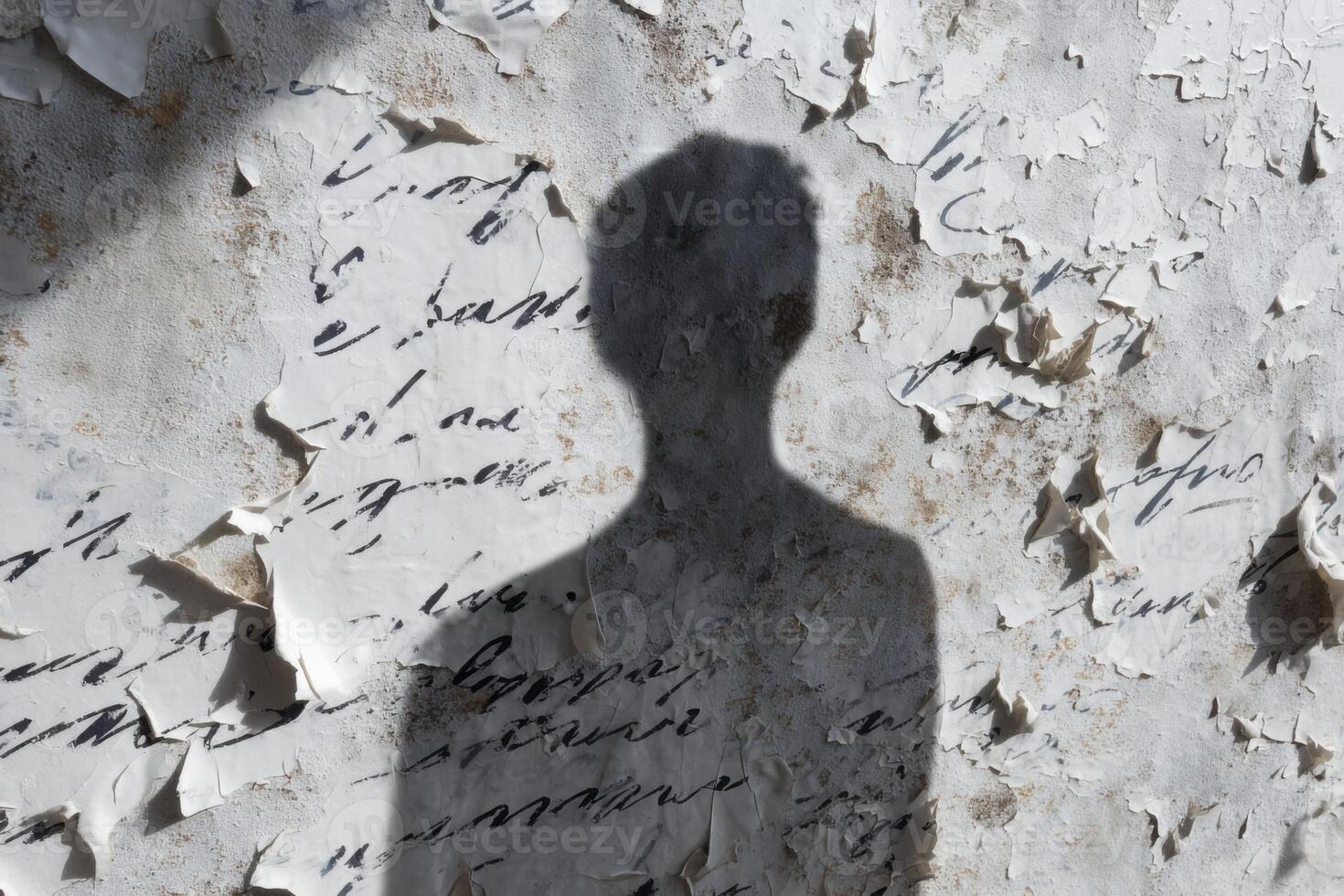 Shadow of a person cast on a peeling wall with handwritten text, creating a striking visual contrast and evoking a sense of mystery and depth in the scene photo