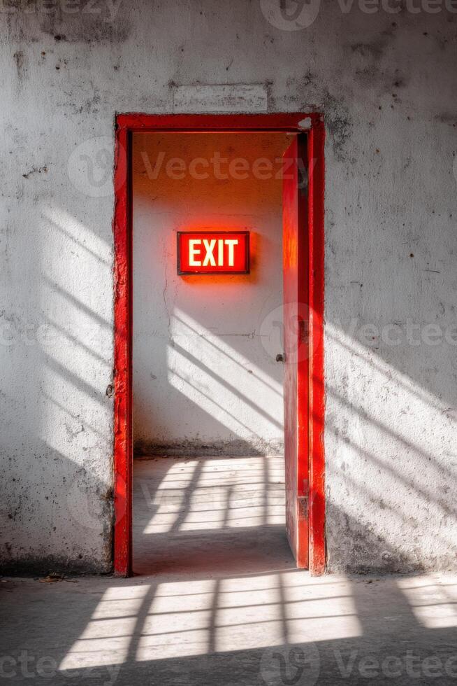 Glowing red emergency exit sign illuminates abandoned doorway, casting shadows on weathered walls, creating a haunting atmosphere of neglect and urgency in a deserted space photo