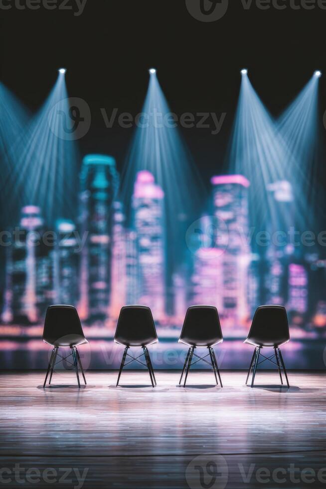 Panel discussion setup with four chairs illuminated by moody backlighting, creating an engaging atmosphere for an event in an urban setting with city skyline backdrop photo