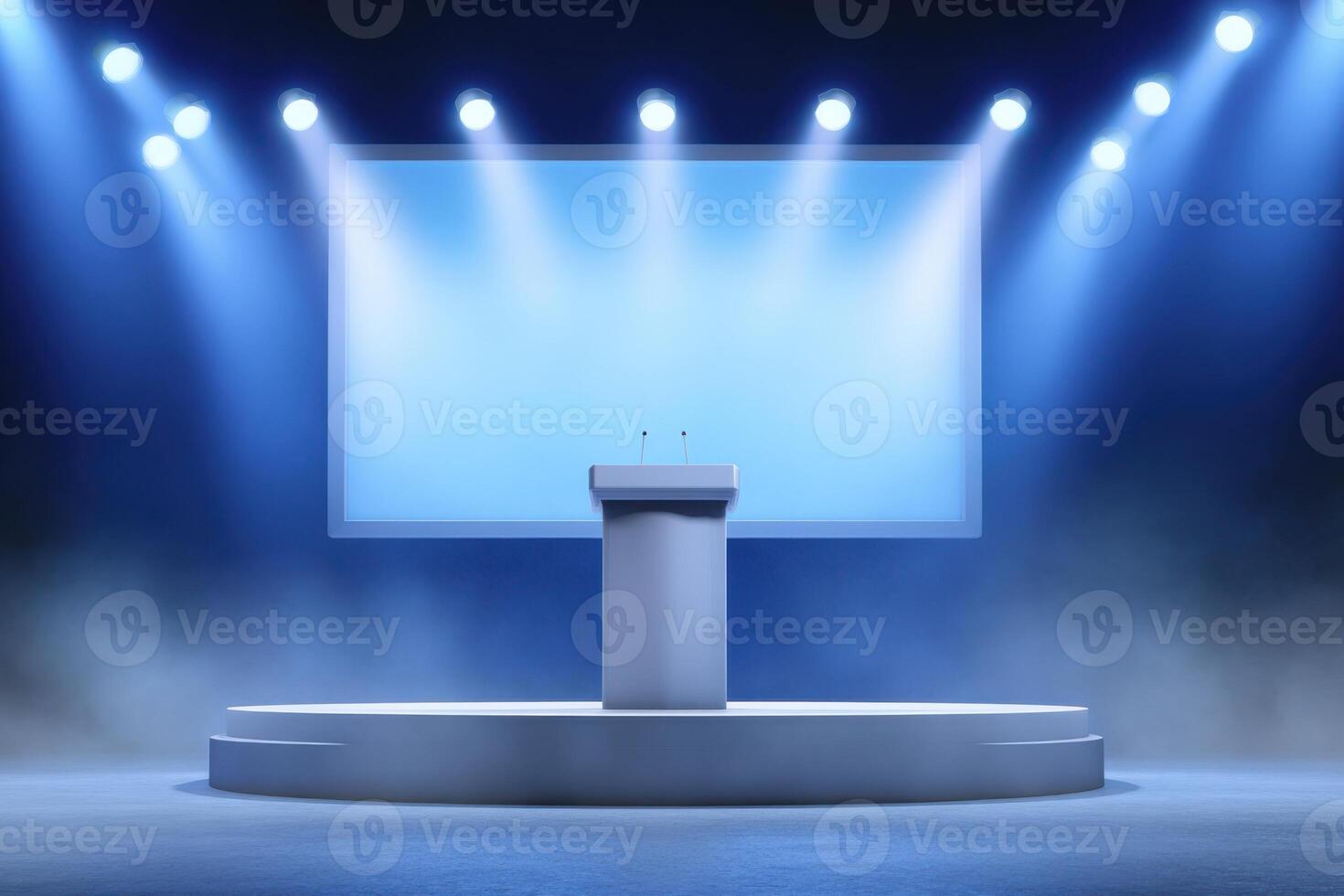 Empty conference stage with a podium and large screen illuminated by cool blue lights, creating a professional atmosphere for presentations and events with copy space photo