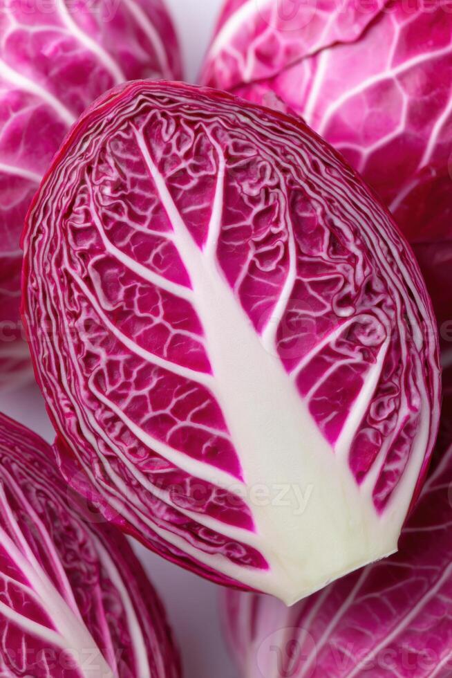Halved red cabbage showcasing intricate textures and patterns, resembling a blueprint structure, with vibrant colors and natural details, ideal for culinary or design concepts photo