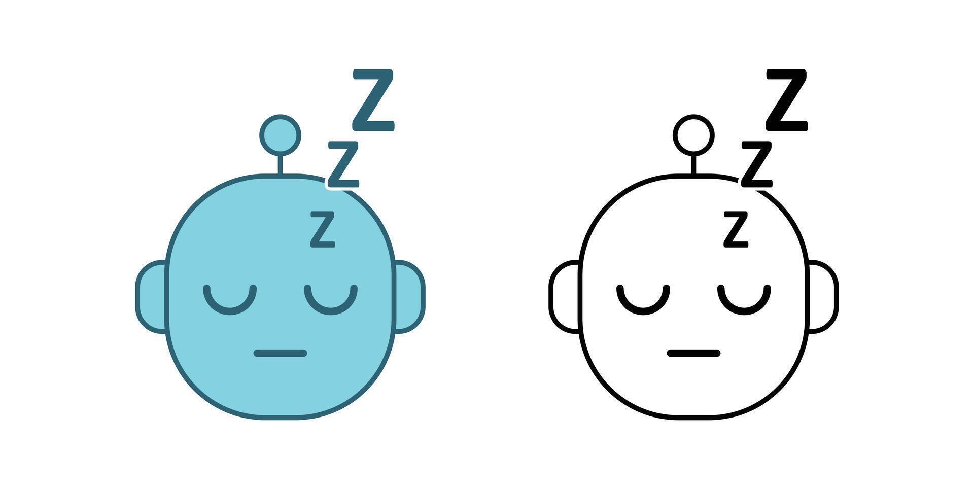 AI sleep mode icon showing a robot head with closed eyes and zzz sign. Perfect for offline AI states, rest mode indicators, and system downtime visuals. vector