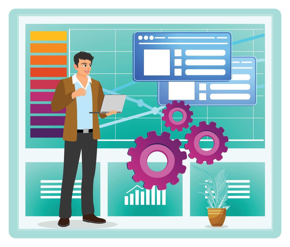 Businessman working with data analysis tools vector