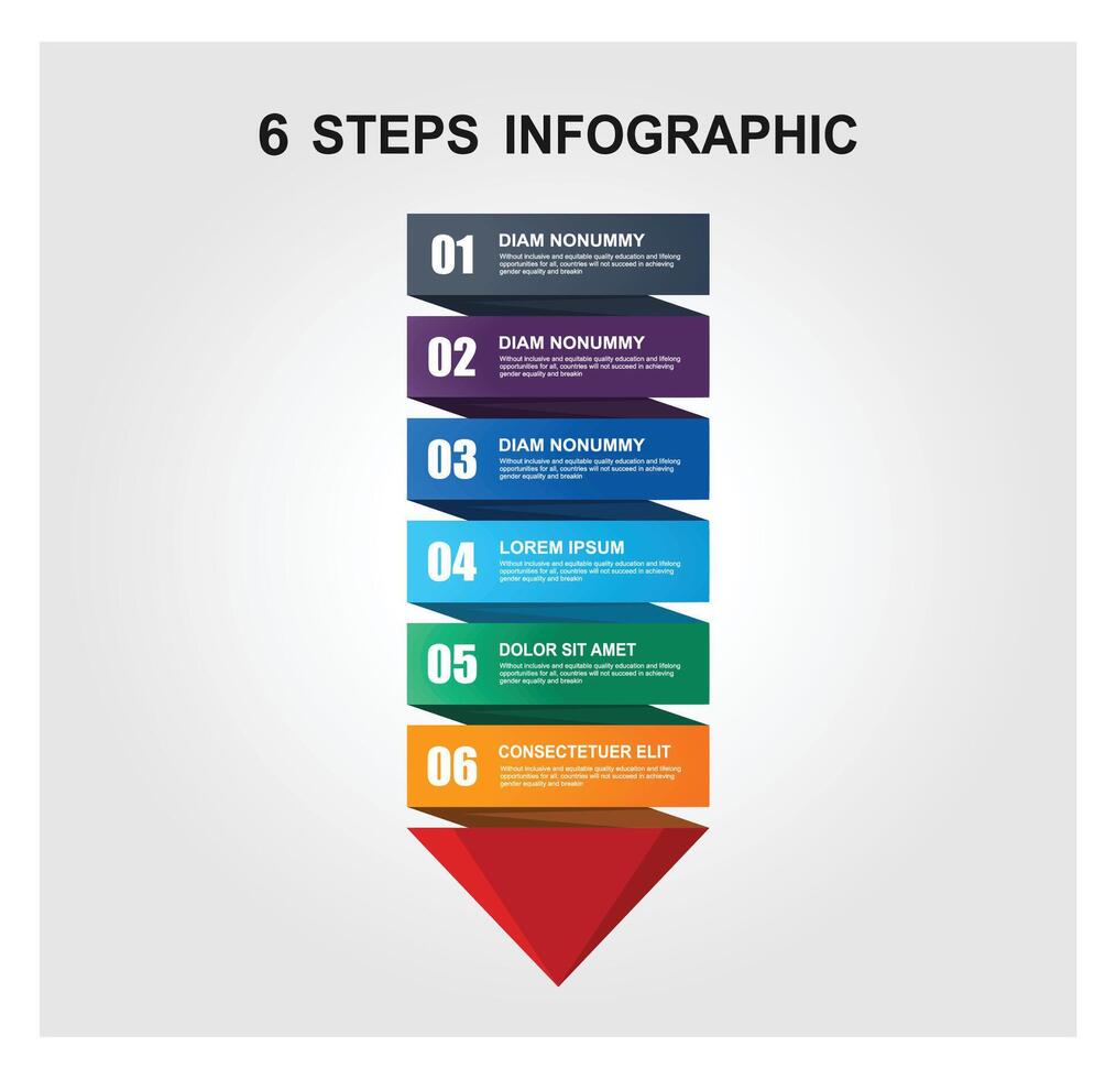 Six Step Infographic With Colorful Arrow Diagram Showing Step By Step Process. vector