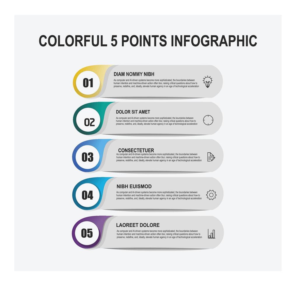 Colorful Five Point Infographic With Step Badges For Presentation And Visual Data. vector