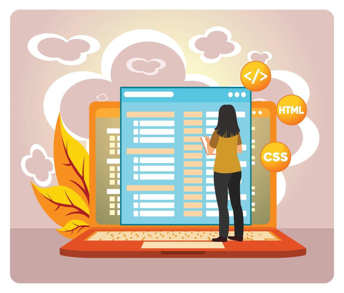 web desarrollo concepto. hembra descifrador trabajando en código escritorio con html vector