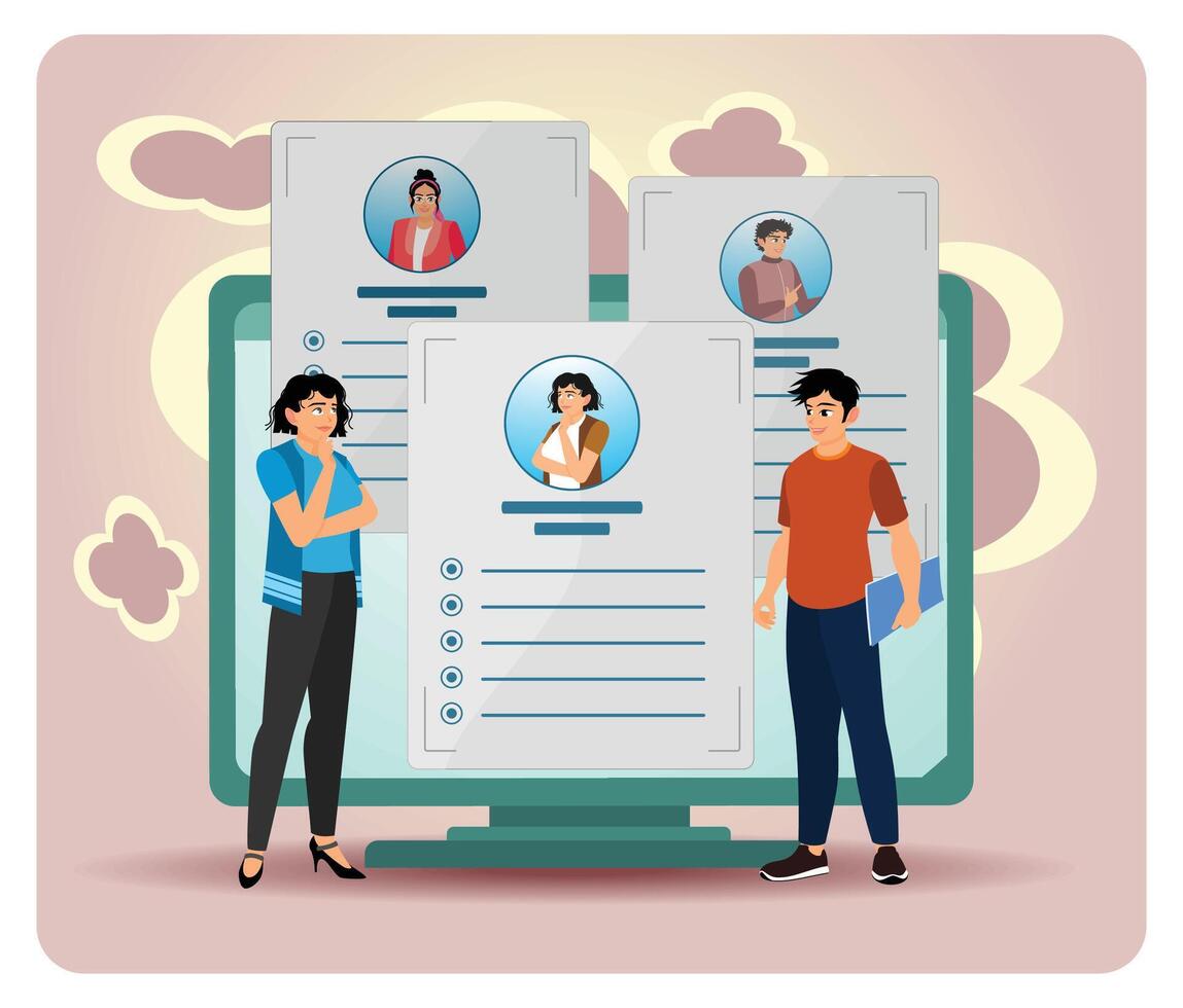 Illustration of digital resumes and candidates vector