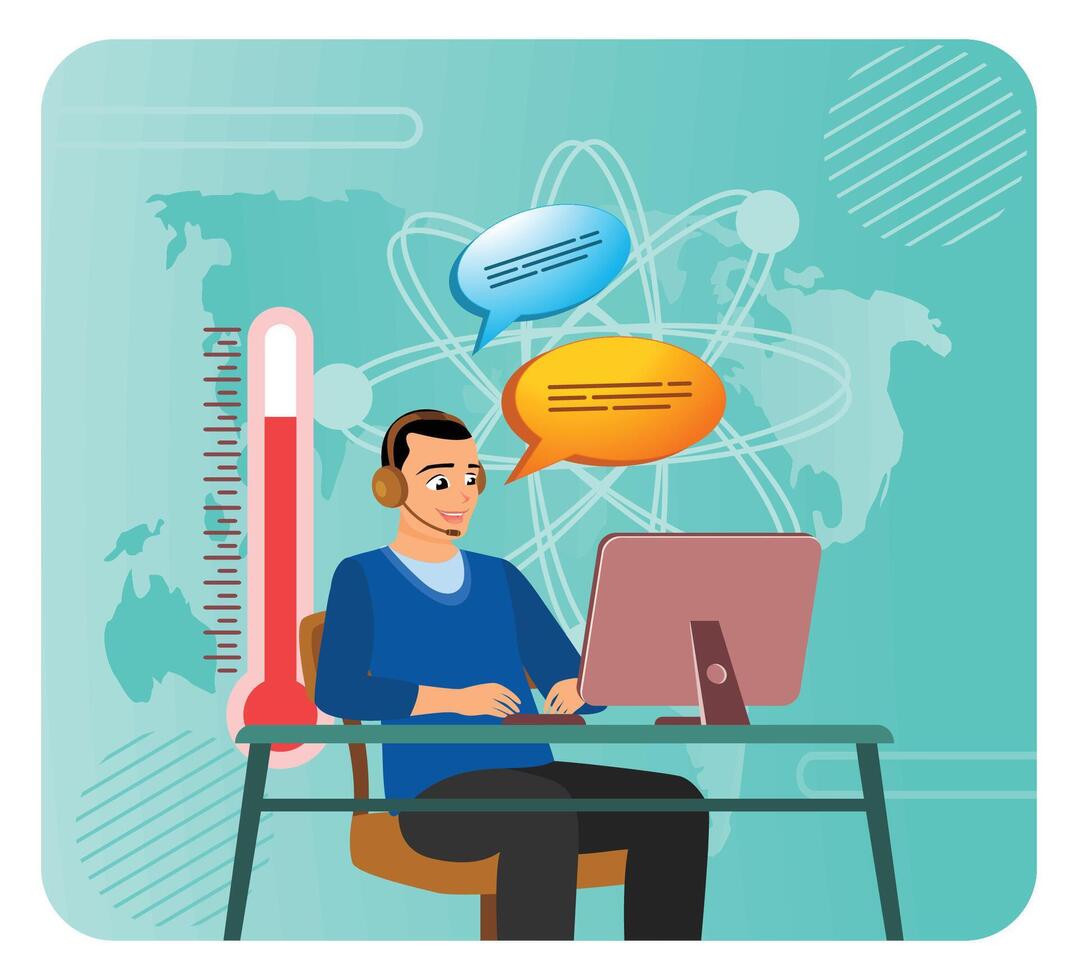 Man at computer with headset vector