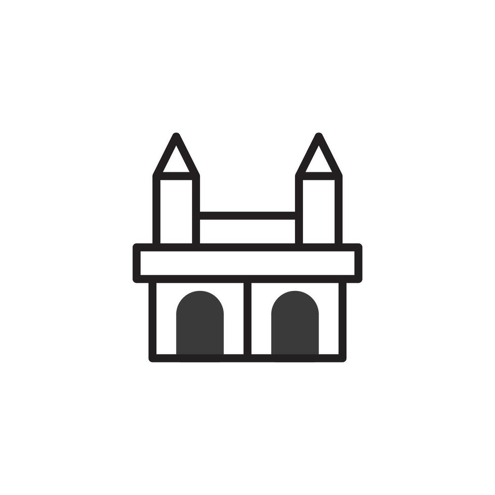 Stylized architectural structure featuring bold outlines and geometric components against a stark vector