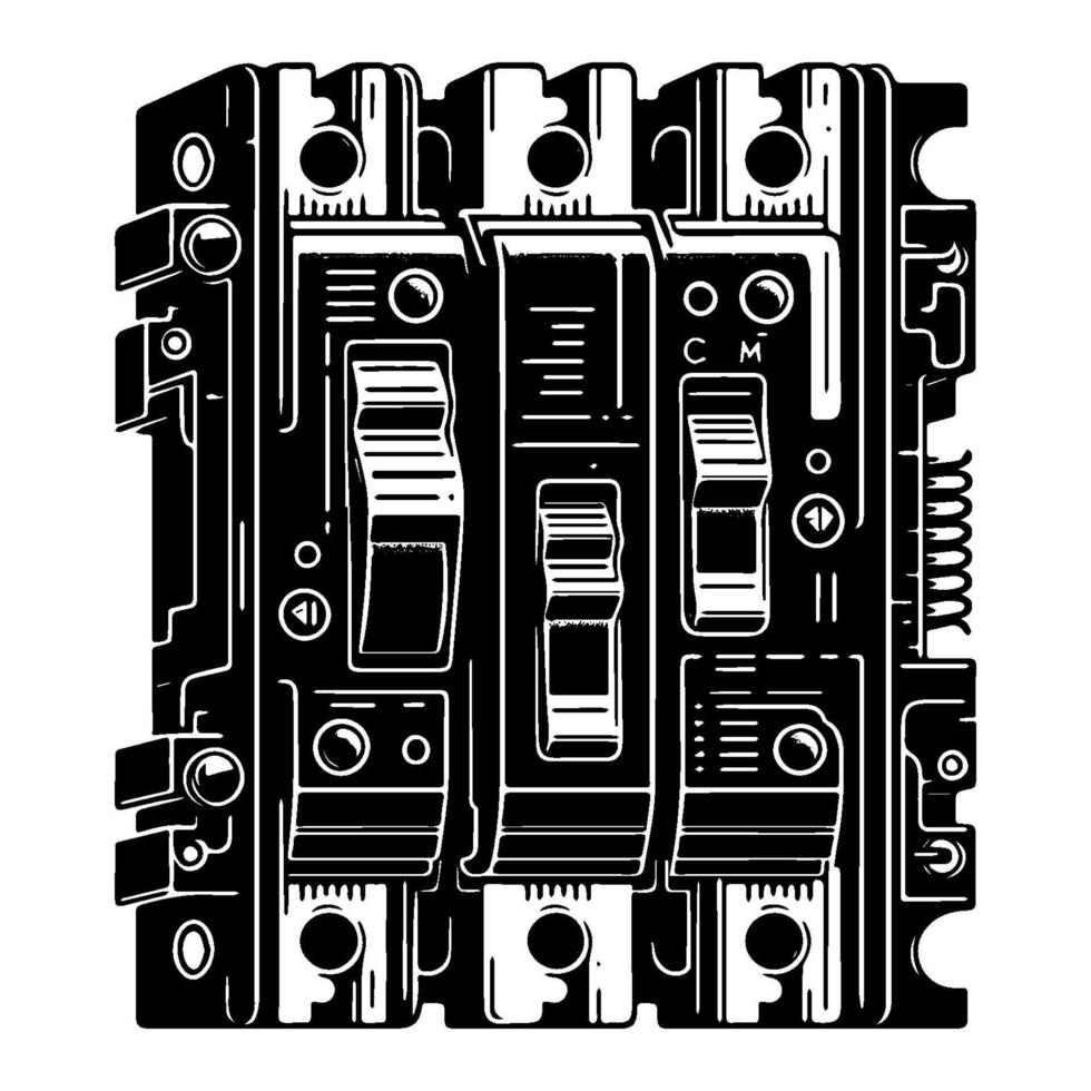 Electrical circuit breaker panel three switches power distribution system. vector