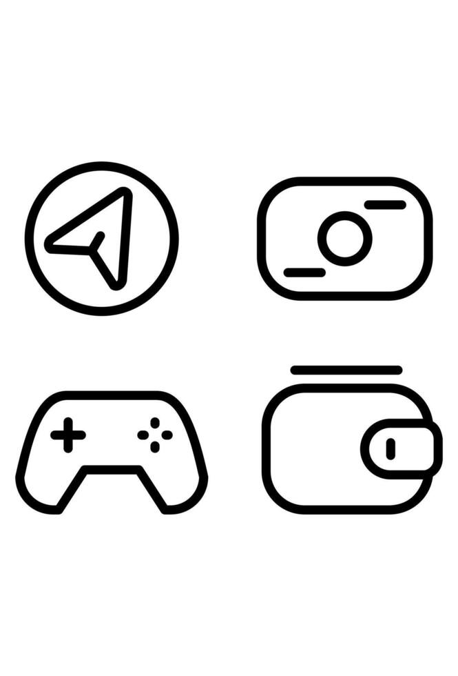 Outline icons of essential modern technology set. Line art symbols for navigation camera controller wallet. Simple collection for travel finance and gaming apps. vector
