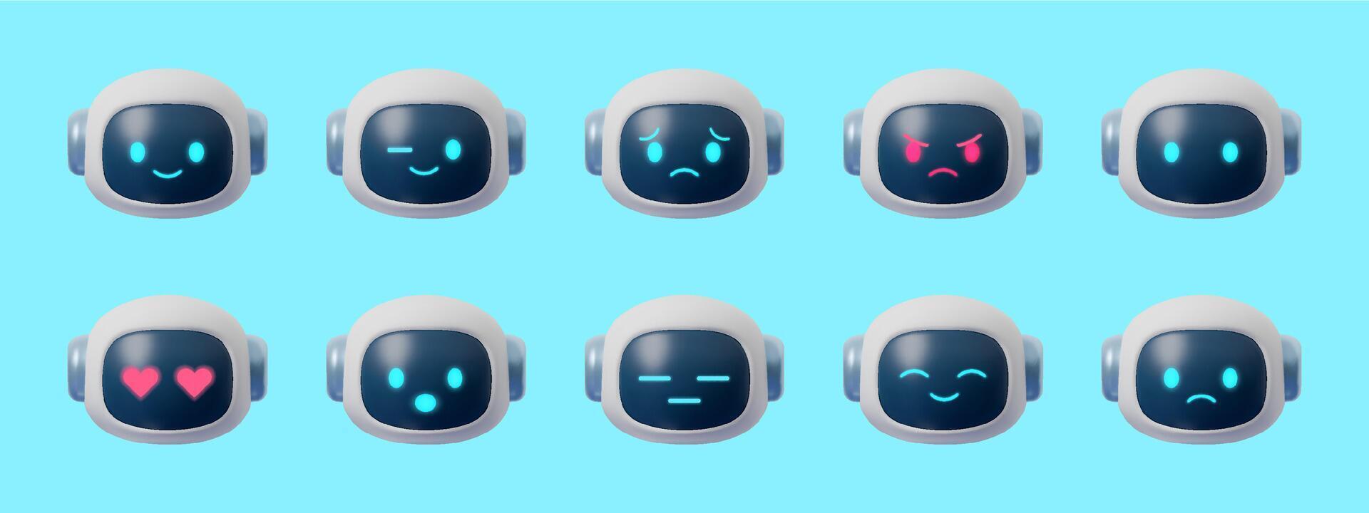 3D robot emoji set with multiple emotions and expressions. Futuristic AI chatbot mascot icons, cute cartoon digital assistant faces isolated on white background for modern design and technology vector