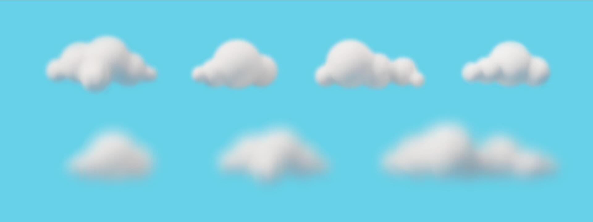 3D fluffy clouds set isolated on white background. Soft cartoon sky elements with realistic and cute shapes. Digital illustration for weather, design, nature, atmosphere and decoration vector