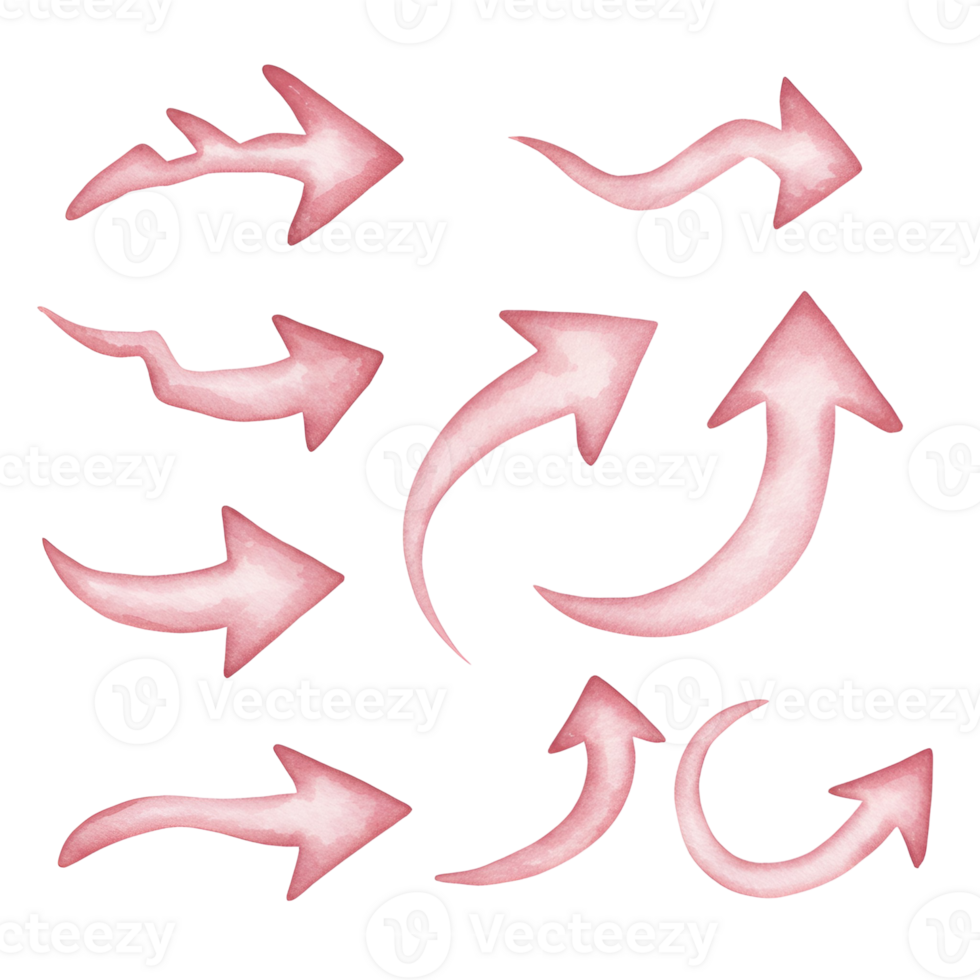 Pink arrows set, direction pointers, graphic design elements, navigation signs, ui design, ux assets on transparent background png