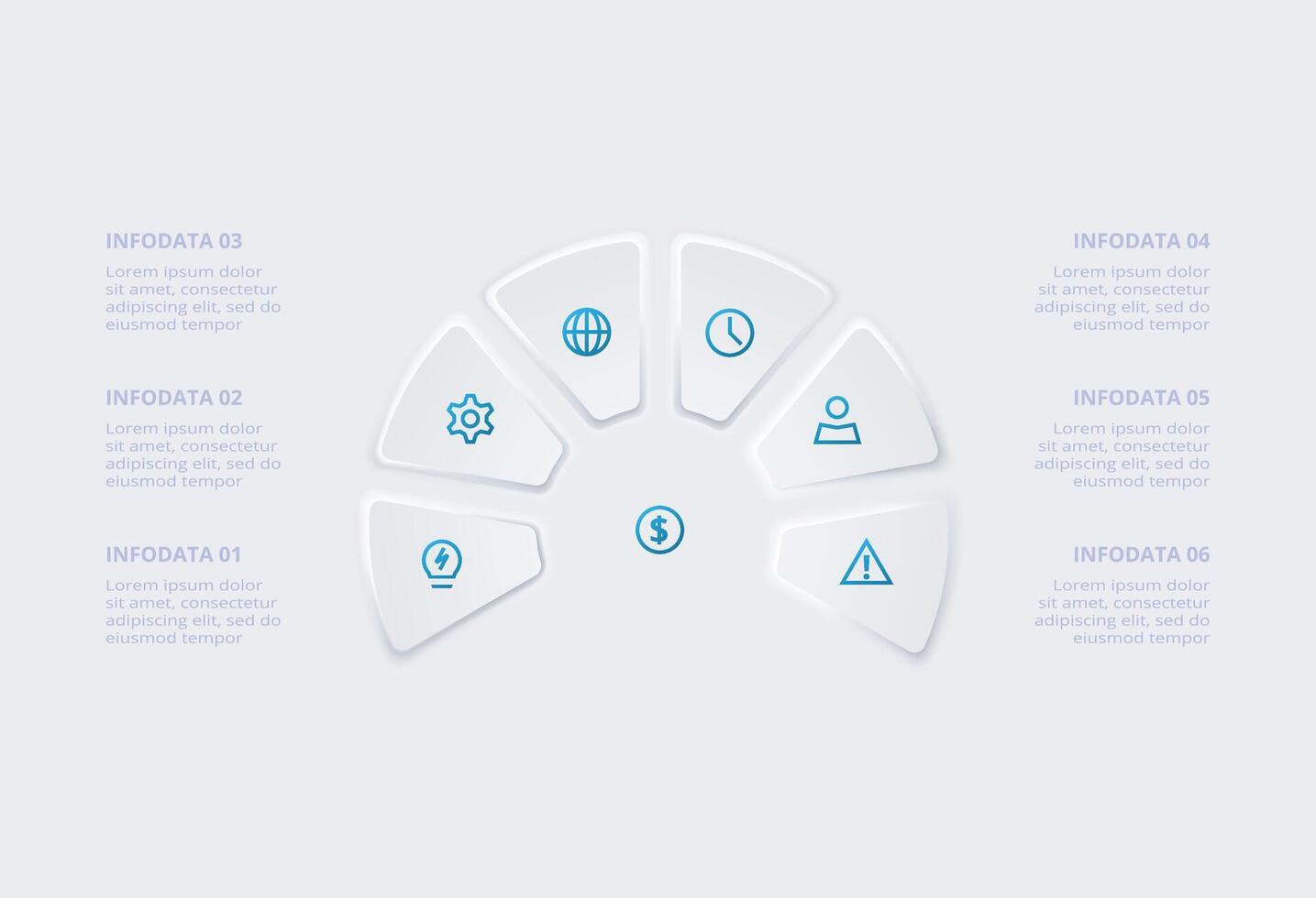 Neumorphic flowchart infographic. Creative concept for infographic with 6 steps or processes. vector