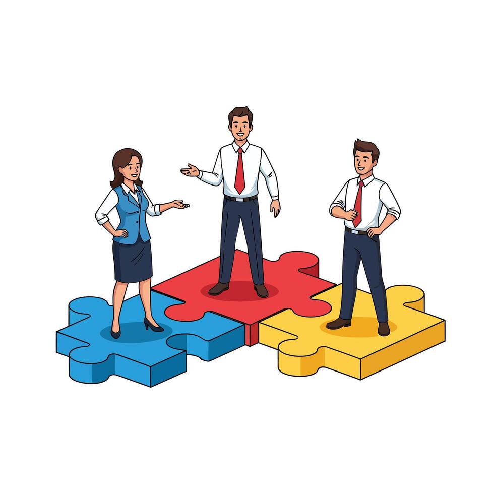 Three business people standing on puzzle pieces, representing teamwork and collaboration vector