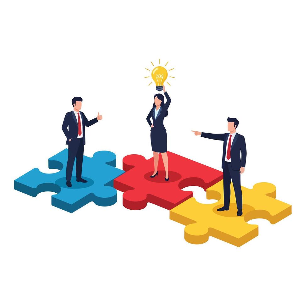 Business collaboration and idea generation with puzzle pieces and a lightbulb vector