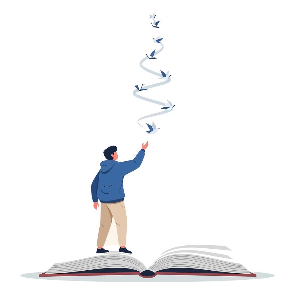 Man releasing birds from an open book vector