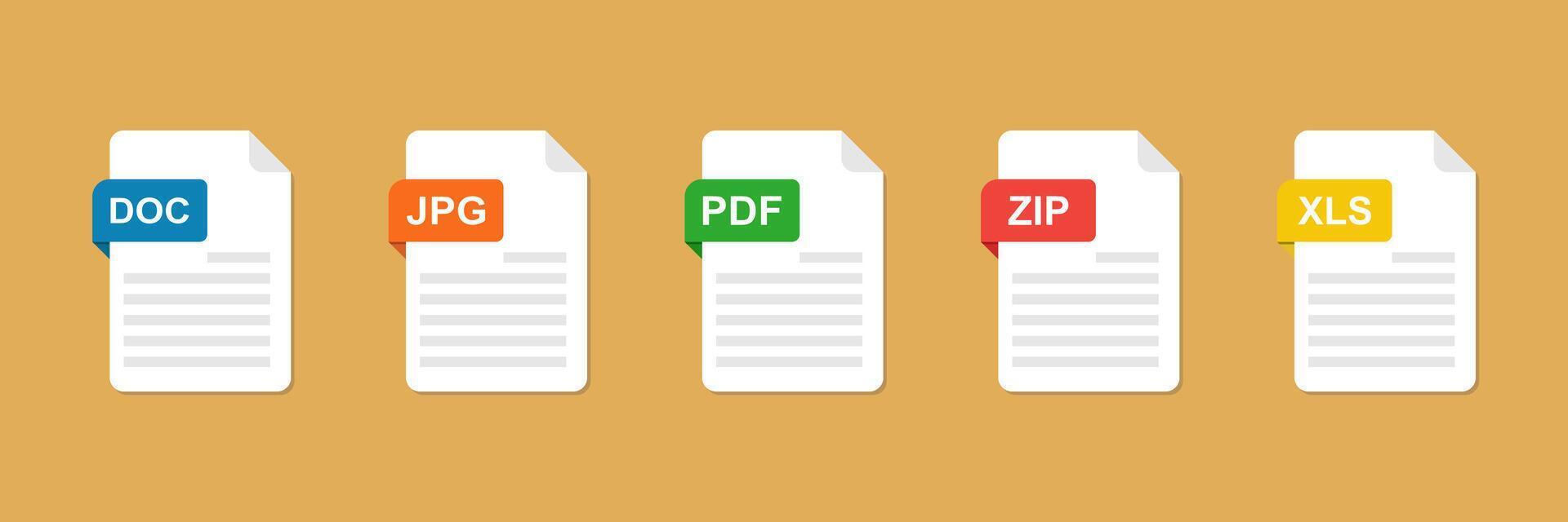 File type icons set. Set of pdf, doc, jpg, xls, zip. Graphic templates for ui. Document types in flat style. illustration. vector