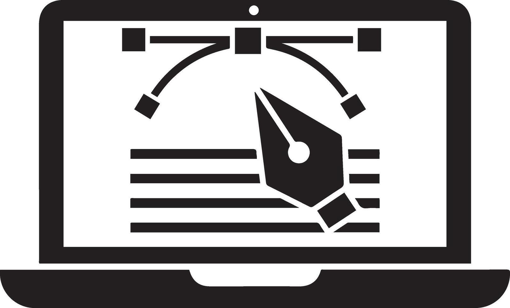 Laptop screen displaying graphic design software with pen tool and curve abstract vector