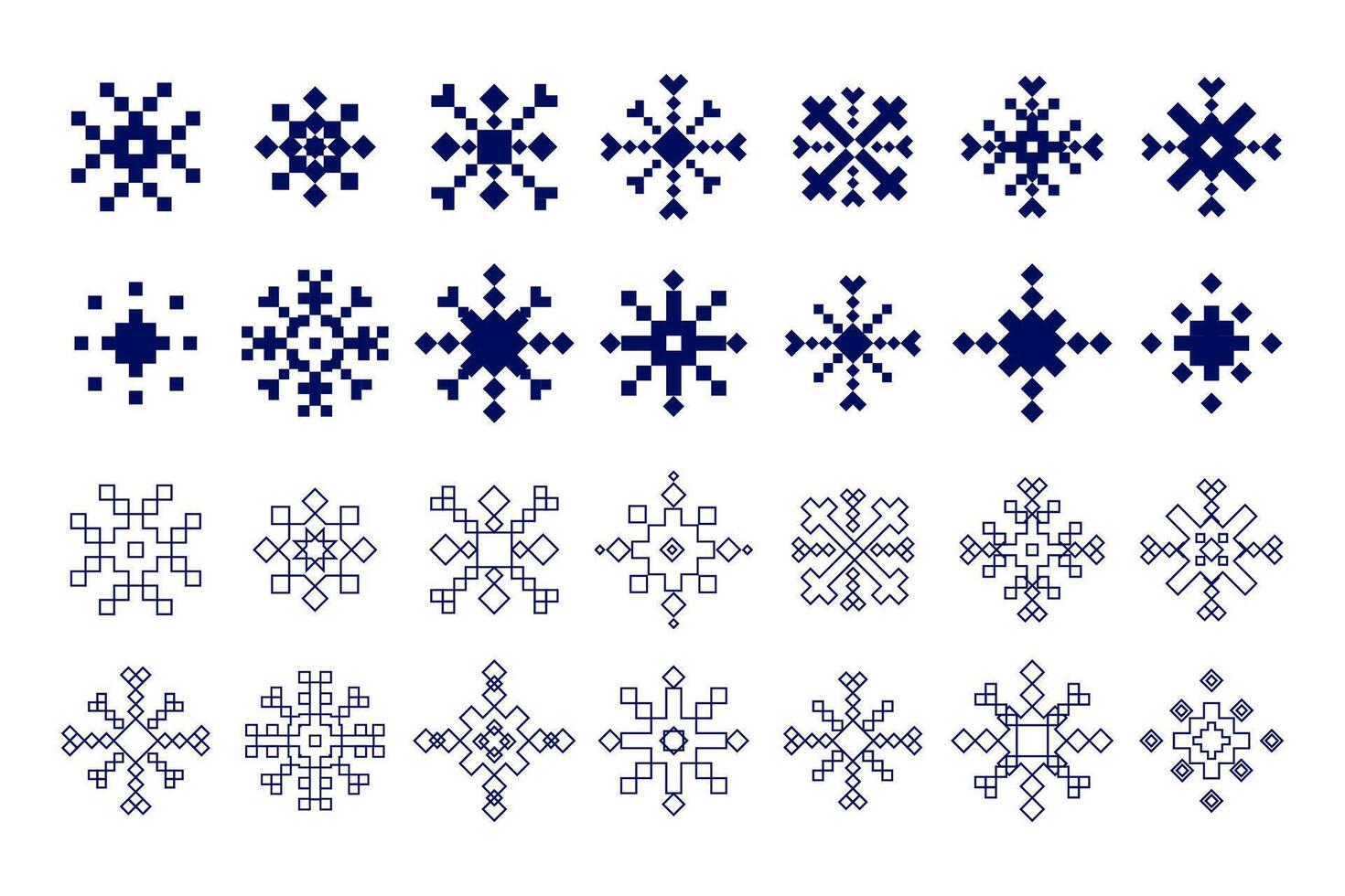 Geometric Snowflake Icons in Solid and Line Art perfect for winter decorations, digital patterns, holiday cards, embroidery designs, pixel art projects, and web or game interfaces vector