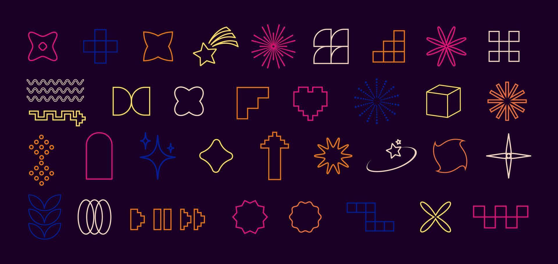 Y2K Aesthetic Line Icons, Signs, and Symbols, Geometric Shapes Set. Retro 2000s Digital Symbols for fashion design, web UI, digital branding, motion graphics, and creative visual projects. vector