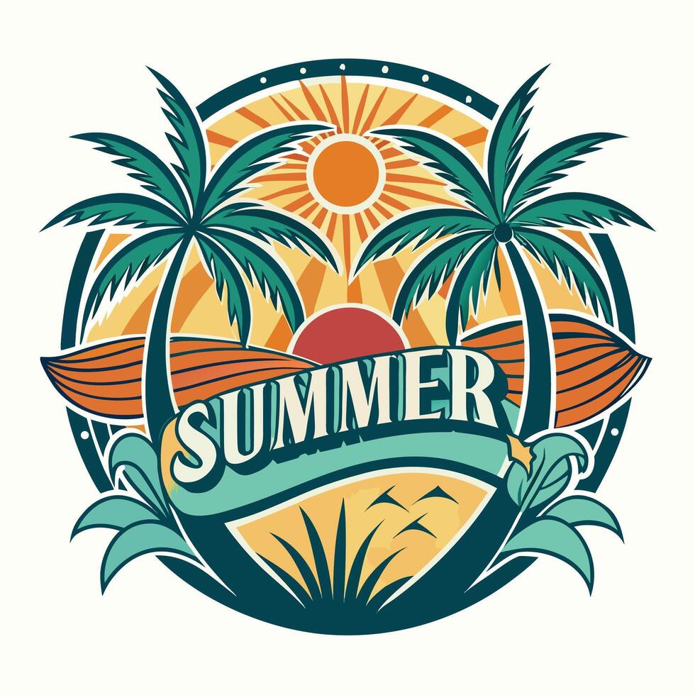Retro Summer Scene with Palm Trees and Sunburst emblem vector